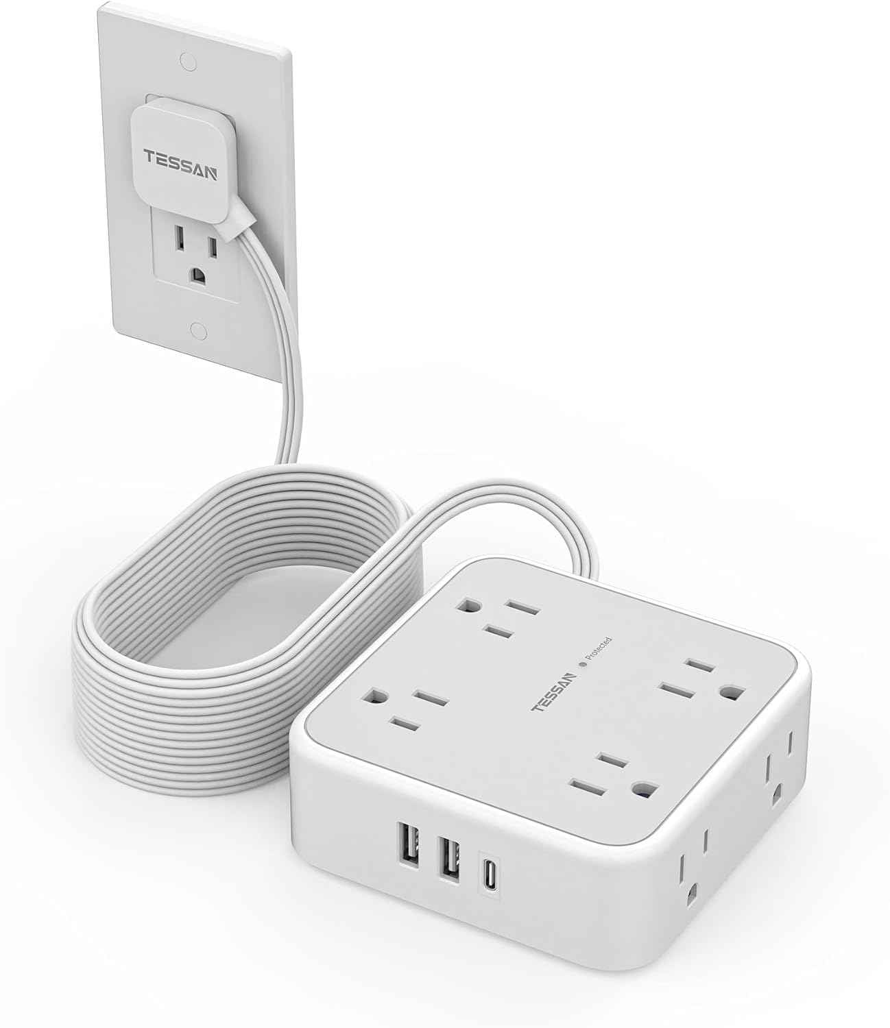 TESSAN Surge Protector Power Strip, 5 Ft Flat Plug Extension Cord with 3 USB (1 USB C) 8 Outlets, 900J Surge Protection, 3 Sided Outlet Extender with Power Switch for Office, Dorm Room Essentials