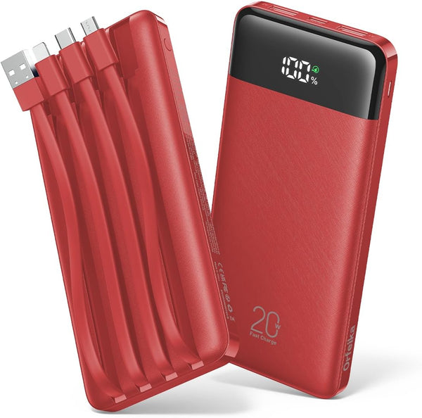 Orfeika 20000mAh Power Bank Fast Charging, Portable Charger with 4 Built-in Cables & 6 Outputs, 20W PD USB C Battery Pack Compatible with iPhone 16/15, Galaxy, Android, iPad & More (Travel Essential)