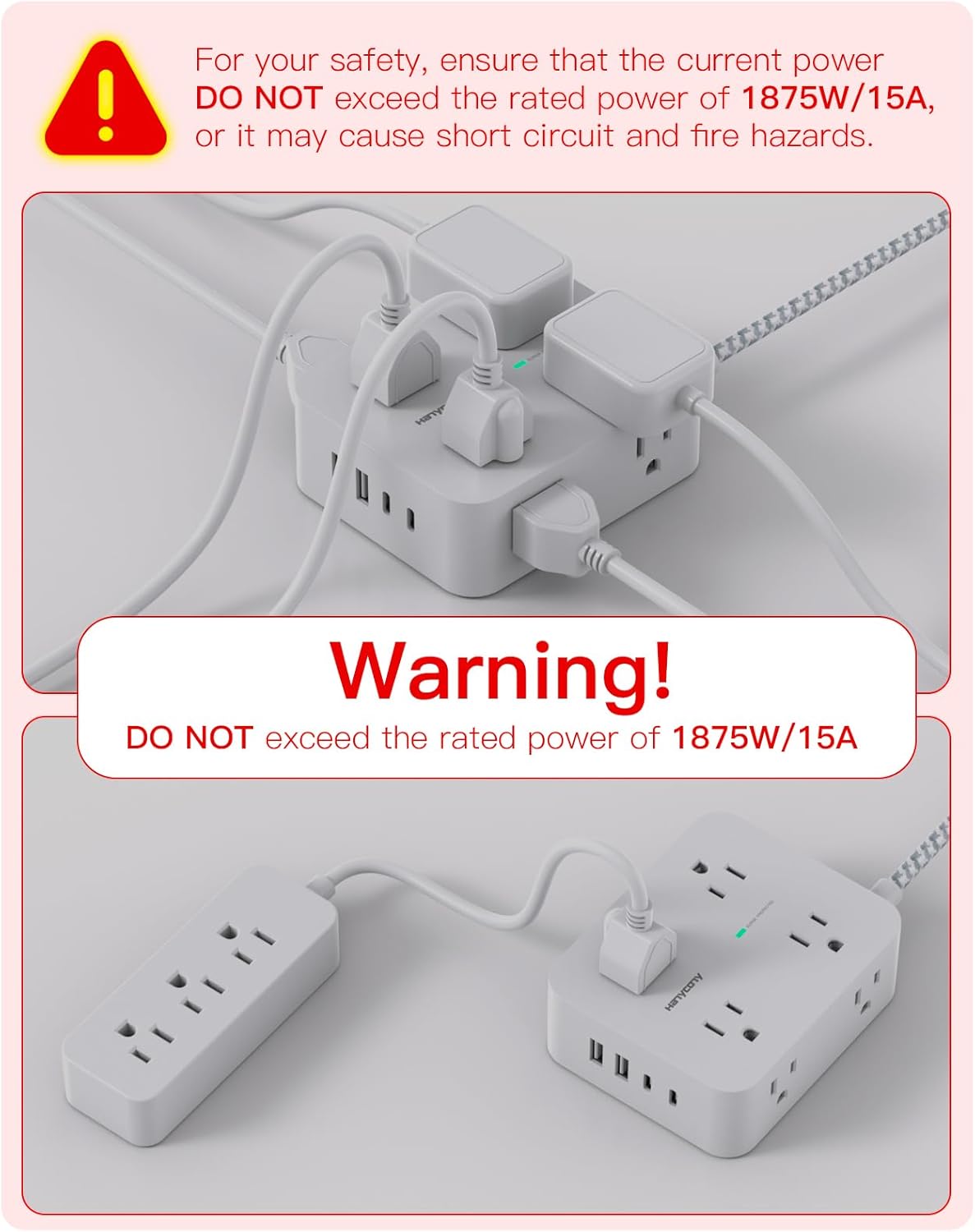 HANYCONY Surge Protector Power Strip – 8 Outlets with 4 USB Ports (2 USB-C), 5Ft Braided Extension Cord, Flat Plug Multi Outlet for Home & Office