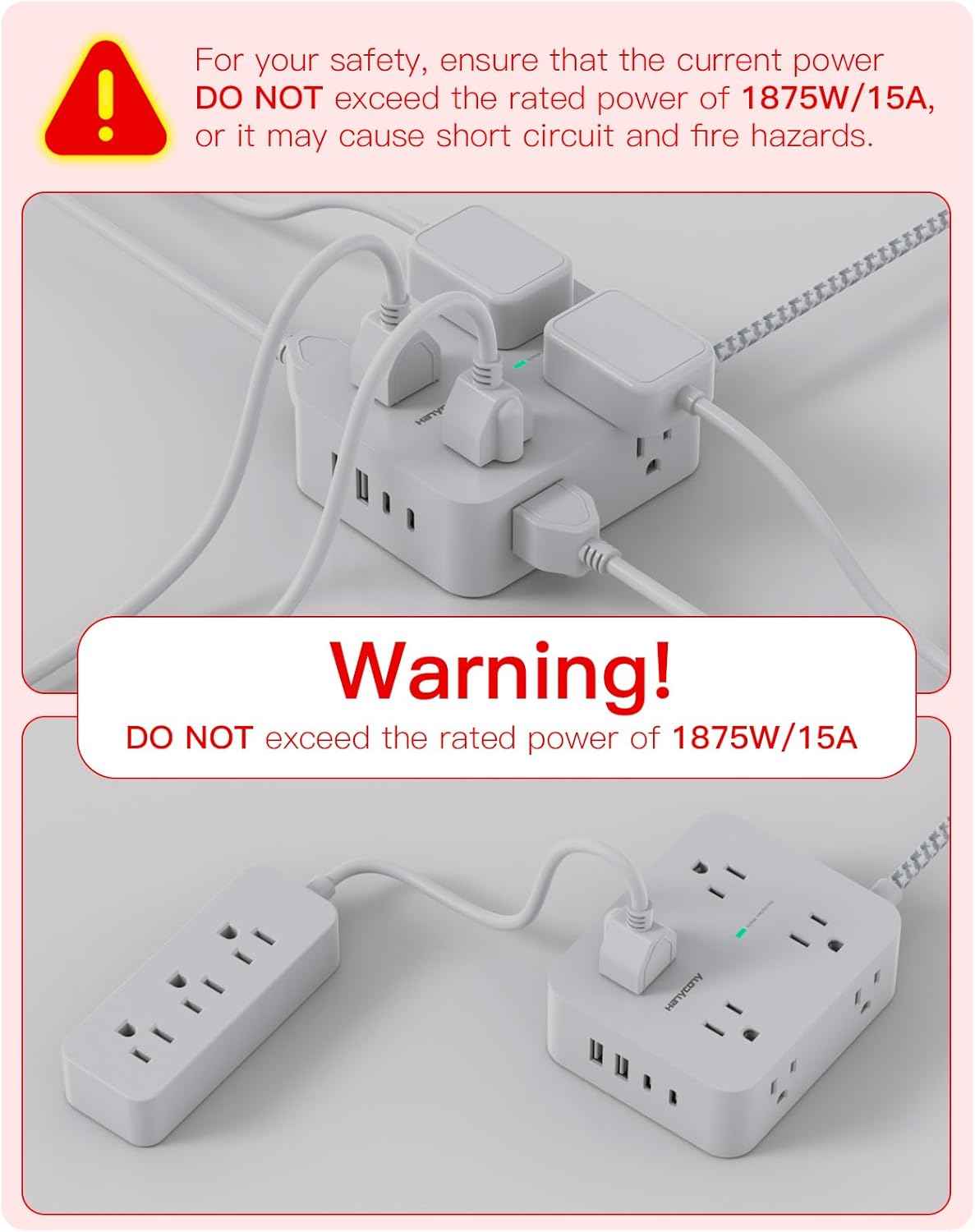 Surge Protector Power Strip - HANYCONY 8 Outlets 4 USB (2 USB C) Charging Ports, Multi Plug Outlet Extender, 5Ft Braided Extension Cord, Flat Plug Wall Mount Desk Charging Station for Home Office ETL