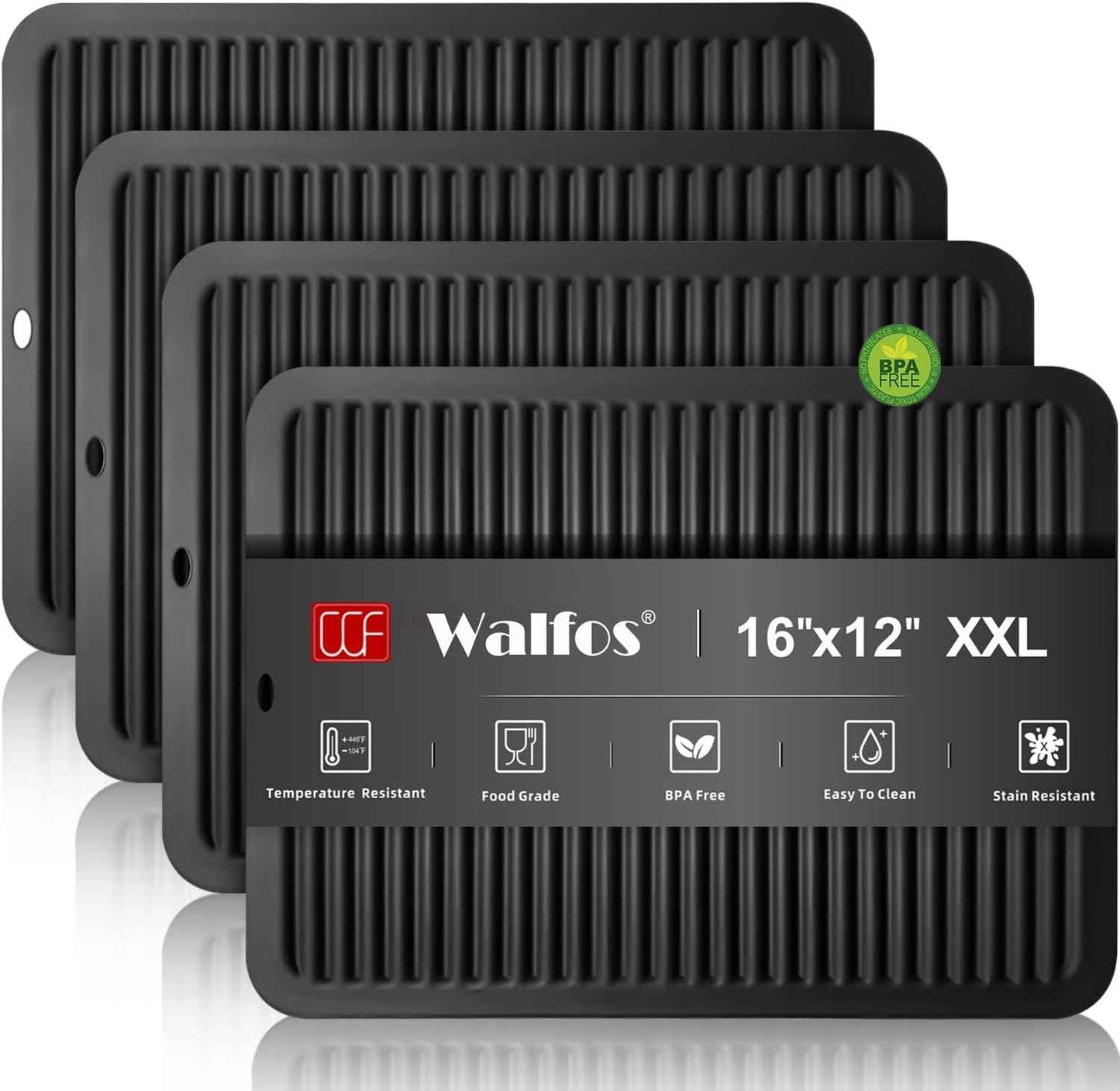 Walfos Silicone Trivet Mats - 4 Heat Resistant Pot Holders, Multipurpose Non-Slip Hot Pads for Kitchen Potholders, Hot Dishers, Jar Opener, Spoon Holder, Food Grade Silicone & BPA Free (Black)