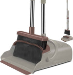 kelamayi Upgrade Broom and Dustpan Set, Self-Cleaning with Dustpan Teeth, Ideal for Dog Cat Pets Home Use, Super Long Handle Upright Stand Up Broom and Dustpan Set (Brown)