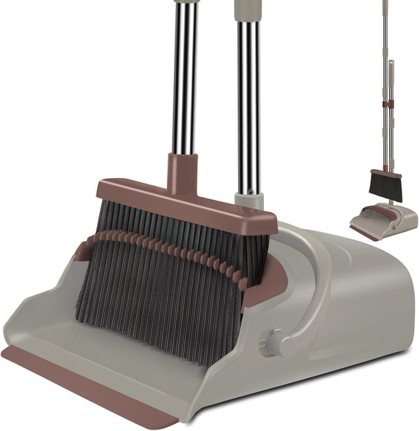 Upgrade Broom and Dustpan Set, Self-Cleaning with Dustpan Teeth, Indoor&Outdoor Sweeping, Ideal for Dog Cat Pets Home Use, Stand Up Broom and Dustpan (Gray&Orange)