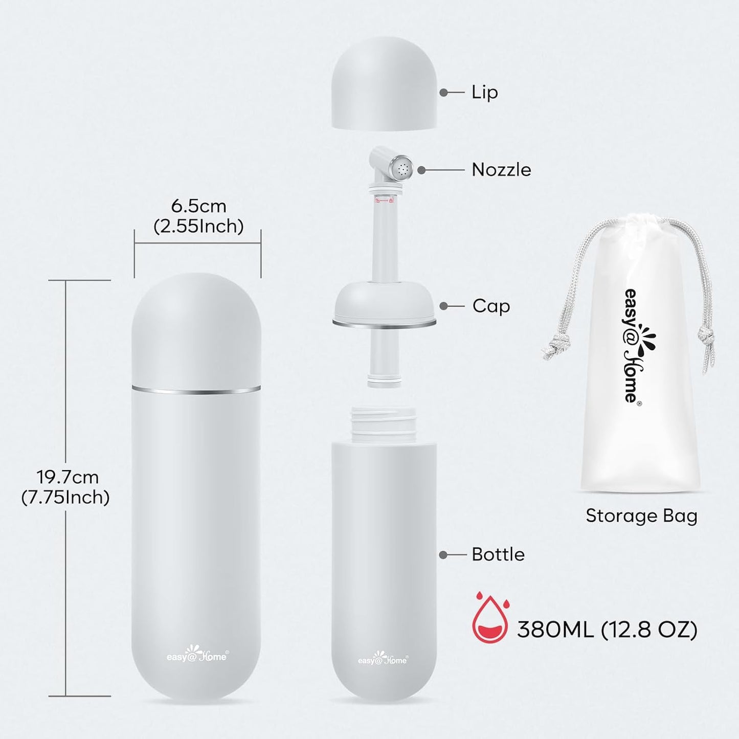 Easy@Home Portable Bidet for Travel: Handheld Sprayer Kit - Personal Hygiene Peri Bottle for Women & Men | Perineal & Postpartum Care Essentials | 380mL (12.8 oz) Large Capacity Bottle | EPB-01 Grey