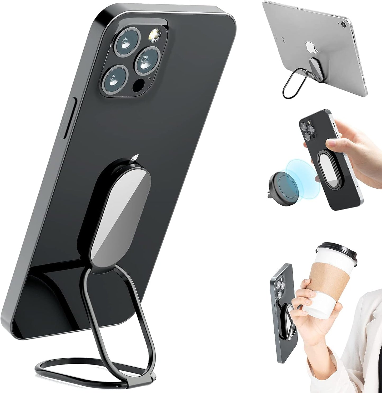 Phone Holder Foldable Phone Stand Phone Ring Holder Finger Kickstand 360° Rotation Cell Phone Stand Metal Phone Grip for Magnetic Car Mount Sticky Phone Grip Compatible with Most Smartphones