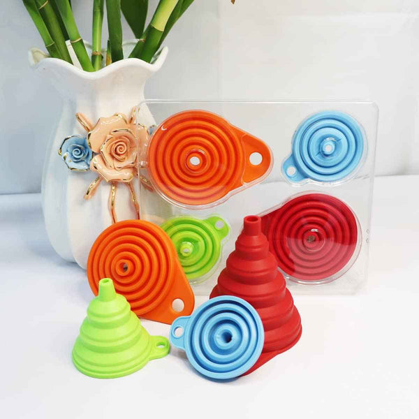 kongnai kitchen funnel set 4 pack, small and large, food-grade silicone collapsible funnels for liquid transfer