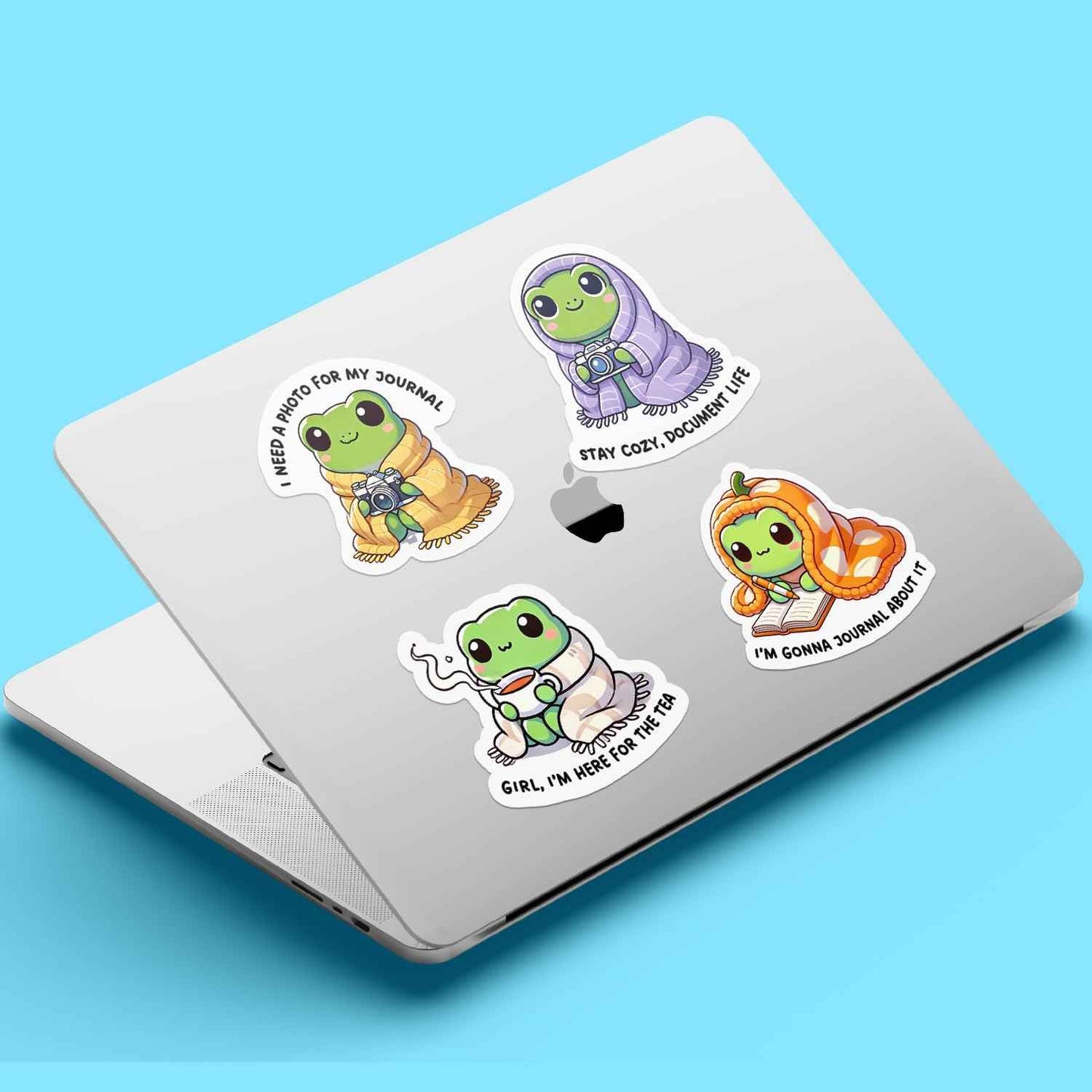 (4 Pack) Cozy Frog Stickers, 3" Cute Vinyl Decals for Journals, Tea Lovers, Laptops, Water Bottles, Scrapbooks & Gifting, Waterproof Aesthetic Sticker Set