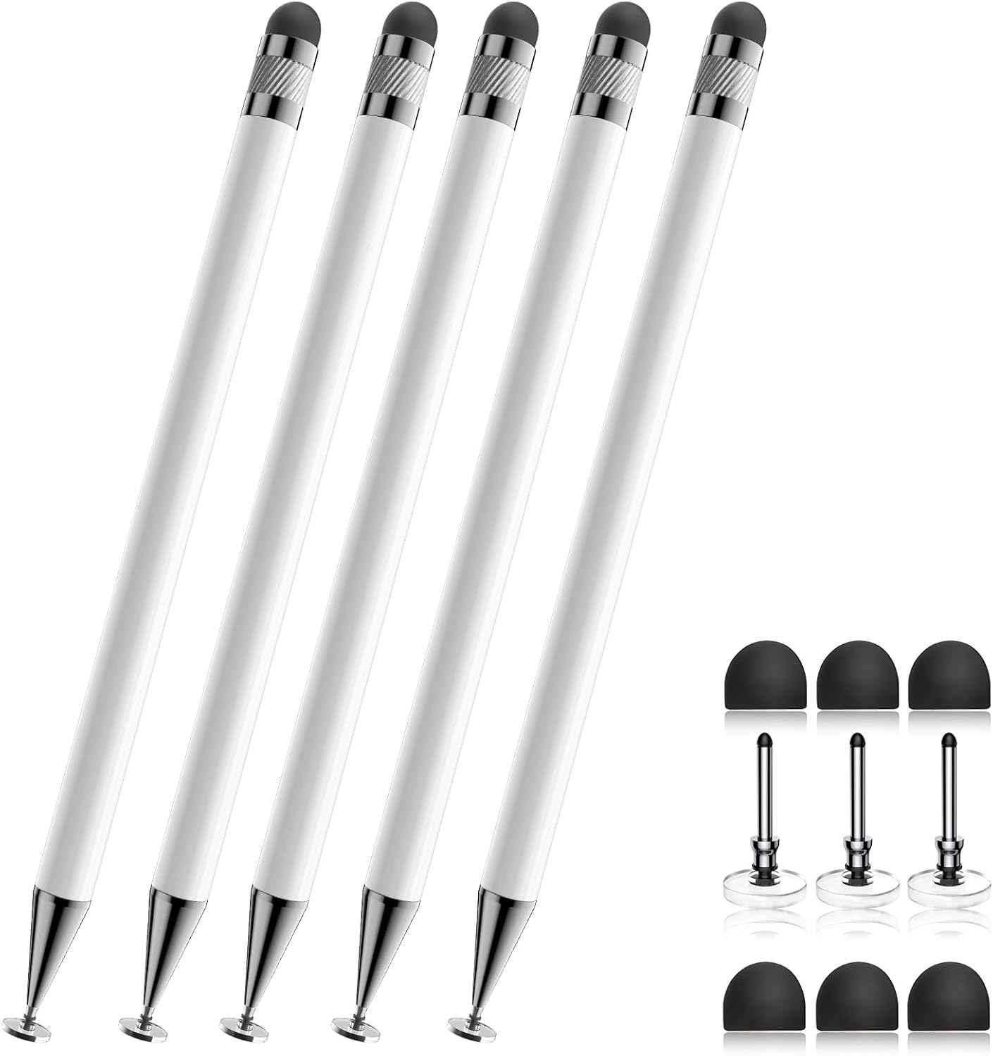 Bopomofo Stylus (5 Pcs), 2-in-1 Stylus Pen for Touch Screen, High Precision and Sensitivity, Suitable for iPhone/ipad/Android Tablets, Compatible with Touch Screens (Black/White/Blue/Rose Gold/Silver)