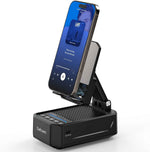 Cell phone stand with instant wireless induction Bluetooth speaker and no pairing needed