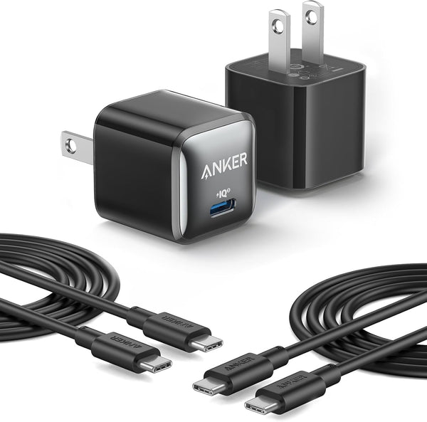 Anker USB C Charger Block, 20W PIQ 3.0 Compact Fast Charging for iPhone 17/16/15 and More Series, Galaxy, Pixel 4/3, iPad (2 Pack & 2 Cable)