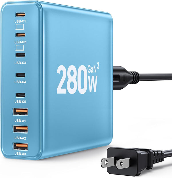 380W USB C Charger Block,with 4 USB Cables 8-Port USB C Charging Station Dual 100W Laptop Charger Fast Charger Type C Charging Block for MacBook Pro, Dell XPS, iPhone, iPad, Tablet (Bright Black)