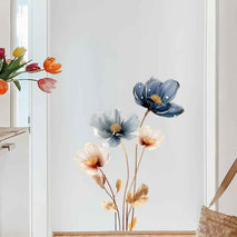 Gold Leaf Blue Flower Wall Decal PVC Wall Sticker Vintage Watercolor Floral Wall Art for Living Room Bedroom Home Decor