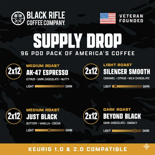 Black Rifle Coffee Company Supply Drop Variety Pack, 96 Count K Cups, 4 Blends