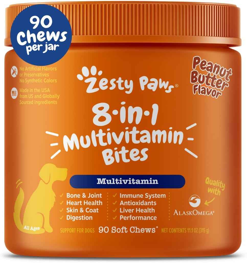 Zesty Paws Dog Multivitamin, Chewable Dog Vitamins and Supplements for Hip & Joints, Skin & Coat, Omega 3 Fish Oil for Dogs- Senior & Puppy Multivitamin- Chicken- 90ct