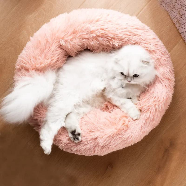 Pink cat bed for indoor cats, dog bed for small dogs, anti anxiety plush faux fur pet bed, 20/24 inches, medium size