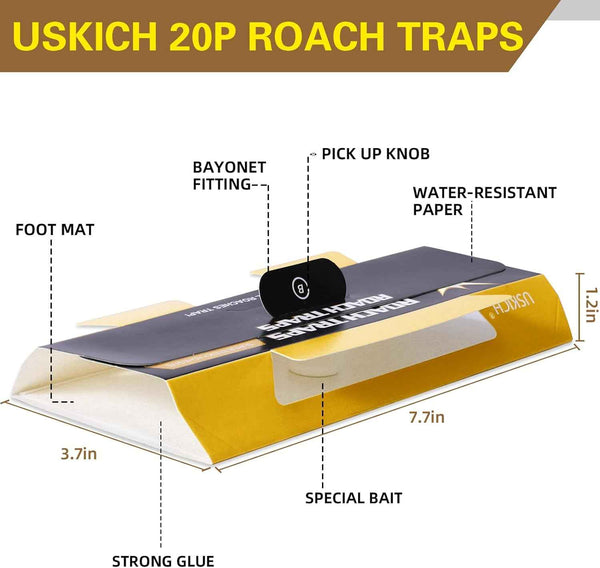 20-pack child & pet safe cockroach traps with strong adhesive, yellow color and 6-month lifespan
