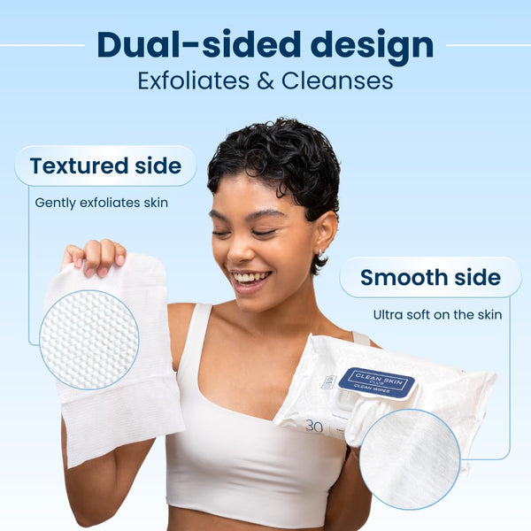 Clean Skin Club XL Premium fragrance-free face wipes, extra moist makeup remover w/ exfoliating side, (30 Ct)