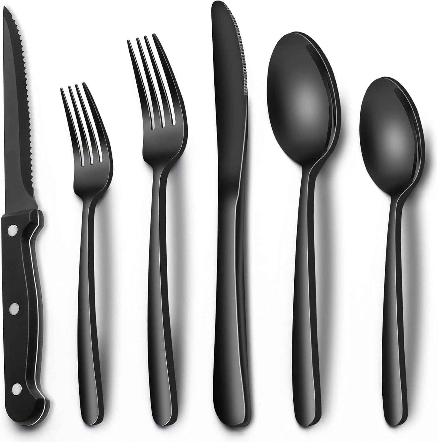 EWFEN 24-Piece Black Silverware Set with Steak Knives, Flatware for 4, Food-Grade Stainless Steel Tableware Cutlery Set, Mirror Finished Utensil Sets Home Restaurant