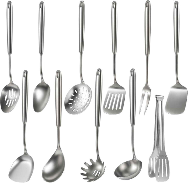 Newness 16 Pcs Cooking Utensils Set, 304 Stainless Steel Kitchen Utensils Set, Metal Kitchen Accessories, Include Soup Ladle, Slotted Skimmer Spoon, Spaghetti Spoon and Spatula, Dishwasher Safe
