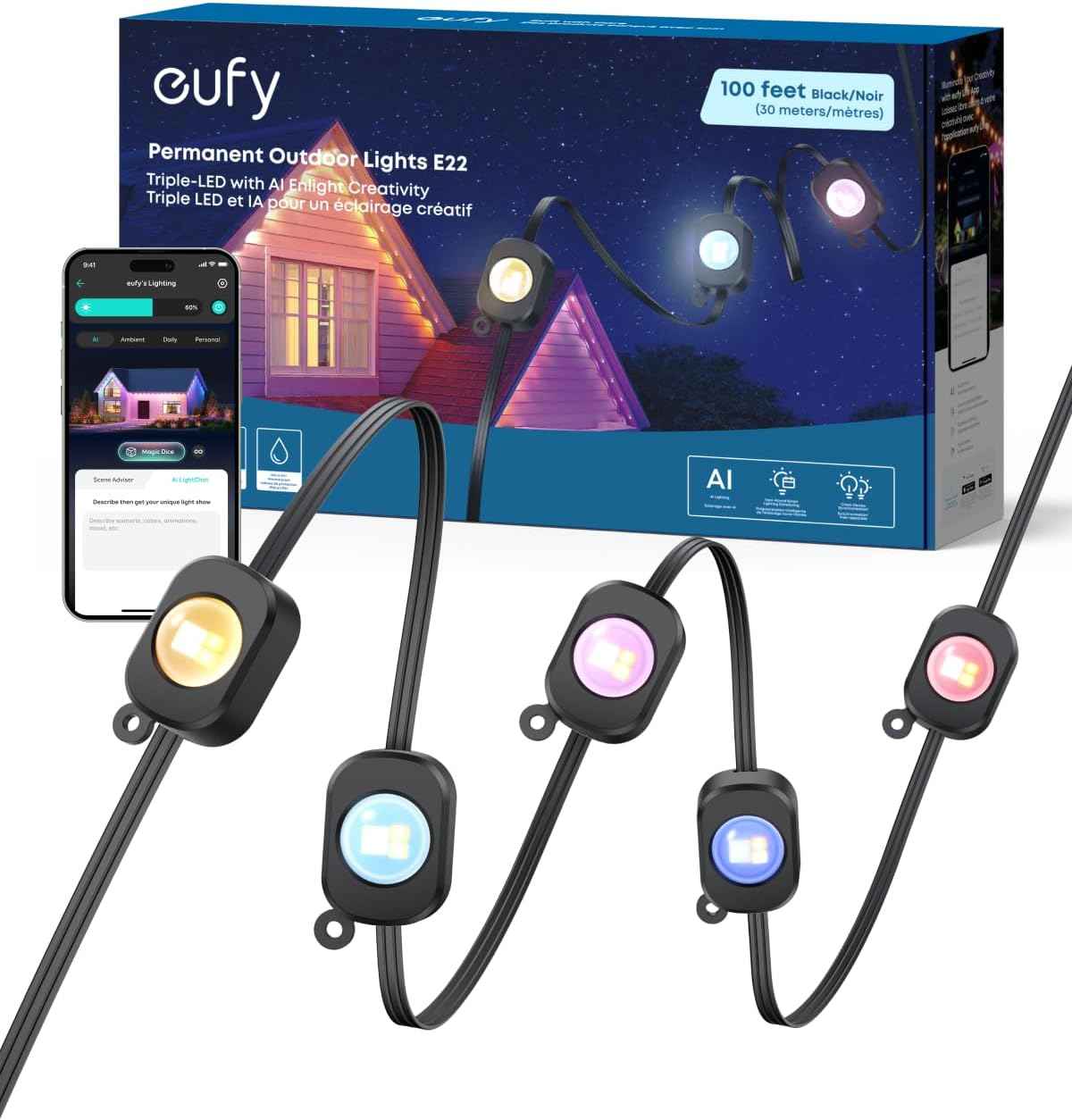 eufy Permanent Outdoor Lights E22, 100ft with 60 Triple-LED Lights, Smart RGBWW for Christmas, Daily and Holiday, IP67 Waterproof, AI Lighting Themes for Christmas Decorations, Links with Cameras