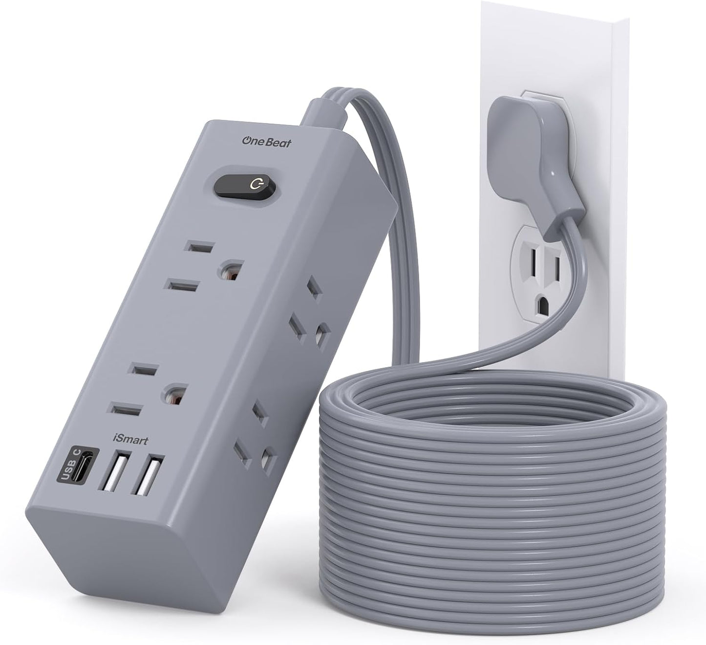 One Beat 10Ft Extension Cord Power Strip – 6 Outlets & 4 USB Ports (2 USB-C), Flat Plug Surge Protector for Home