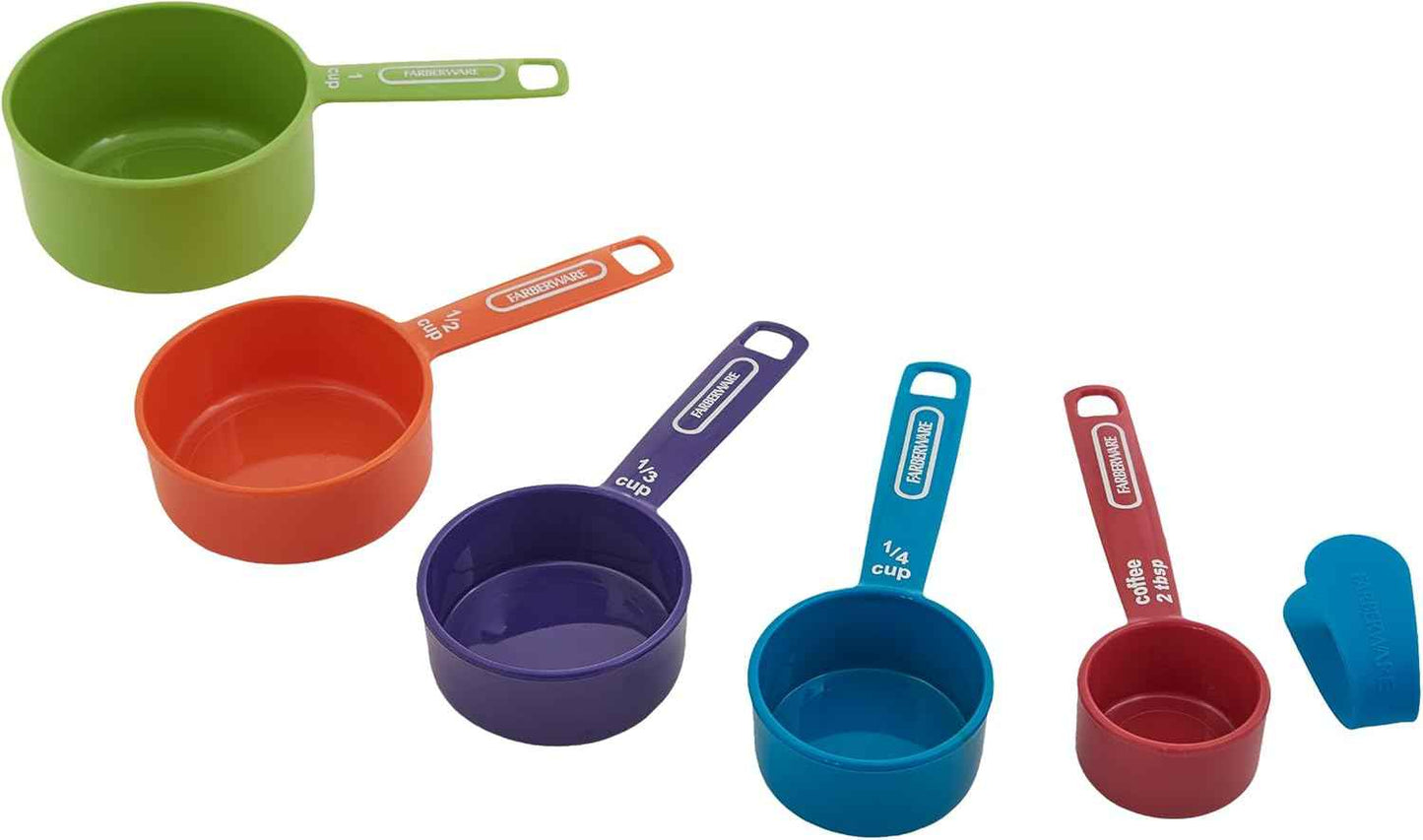 FARBERWARE 5-Piece Measuring Cup Set with Coffee Scoop, Durable Plastic Nesting Measuring Cups with Easy-Read Markings, BPA-Free, Dishwasher Safe