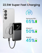 Power Bank, 15000mAh Portable Charger with Built in Cable, 22.5W Fast Charging, 6 Outputs, Slim Travel Essential Battery Pack with LED Display, Compatible with iPhone 17/16/15/14/13, iPad Black