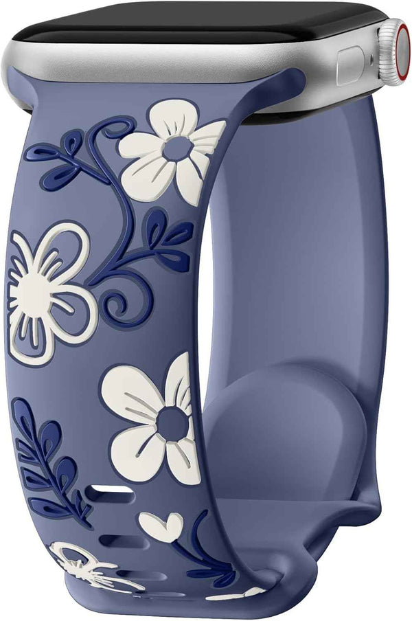 Witzon Floral Band Compatible with Apple Watch Bands For Women 40mm 41mm 38mm 42mm 44mm 45mm 46mm 49mm, Engraved Cute Flower Silicone Dressy Strap for iWatch Series 11 10 9 8 7 6 5 4 3 2 SE Ultra