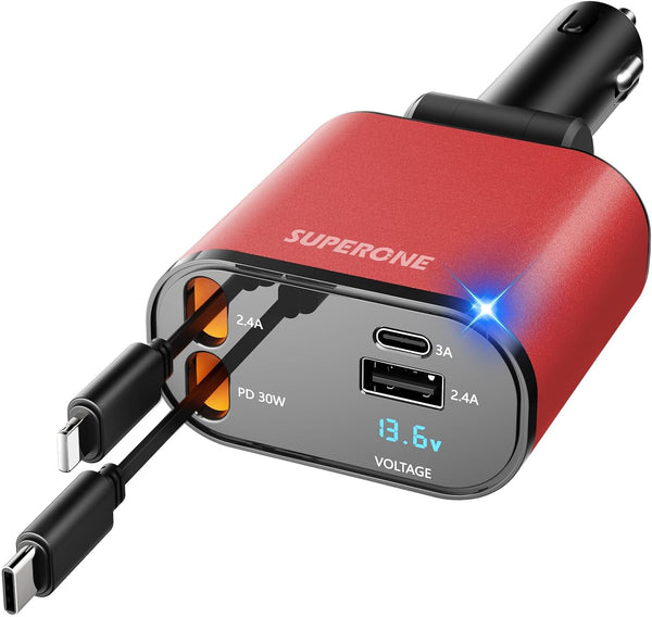 【Upgraded】 SUPERONE Retractable Car Charger 4 in 1, Fast Car Phone Charger with Cord 2.6ft, USB C and Apple Car Adapter, Compatible with iPhone 17 16 15/15 Pro Max/14/13/12/11, Galaxy, Pixel - Rayz Mart
