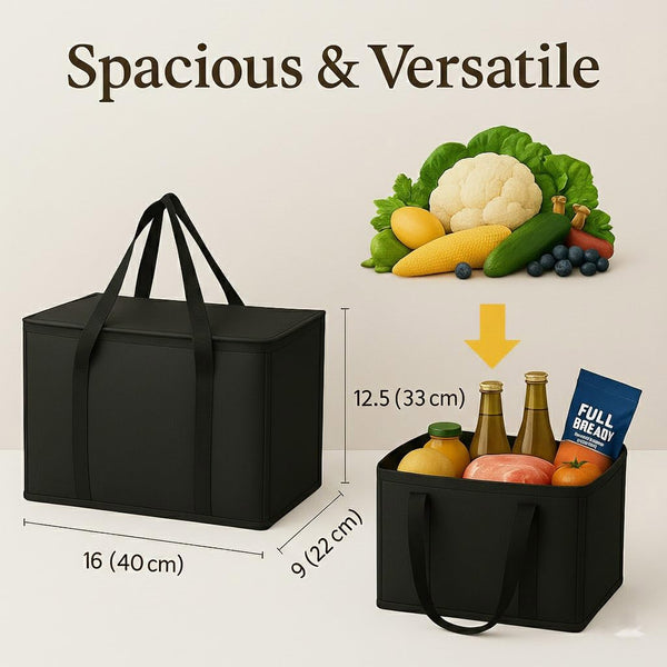 2-Pack, XL-Large Insulated Grocery Shopping Bags, Black, Reusable Bag,Thermal Zipper,Collapsible,Tote,Cooler,Food Transport hot and Cold,Camping