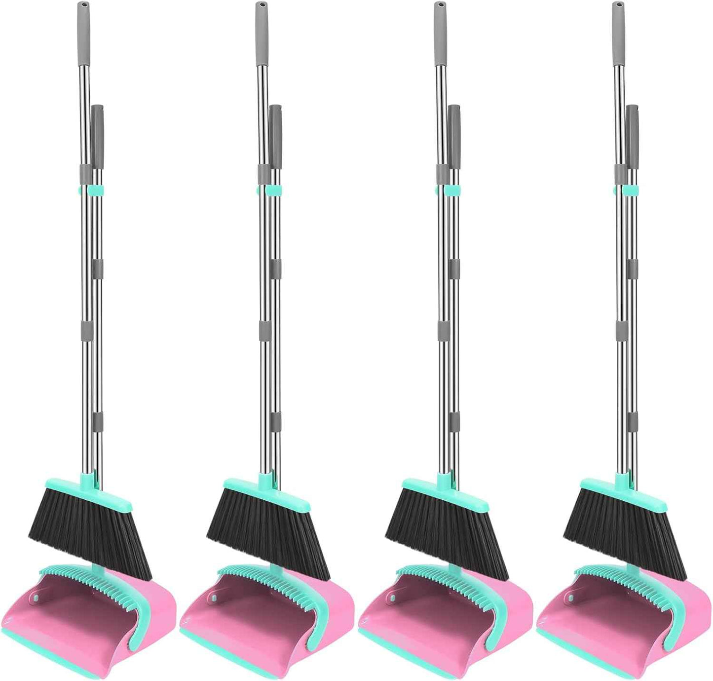 NACENA Broom and Dustpan Set, 52-in Long Adjustable Handle Broom Dustpan Combo with Dustpan Teeth to Automatically Clean Hair Suitable for Home Kitchen Office Hall Floor（Black&Red）