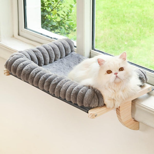 Cloud-Soft cat window perch with zipper cushion, solid wood & metal frame, large cat bed for windows (Large, White)