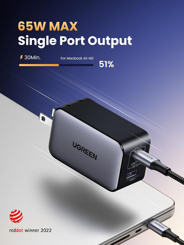 UGREEN Nexode 65W GaN USB C Wall Charger, 3-Port Compact Foldable Fast Charger Power Adapter for iPhone 17/16/15 Series, Galaxy S25/S24, Pixel 10/9, MacBook Pro/Air, Dell XPS, iPad Pro (Black)
