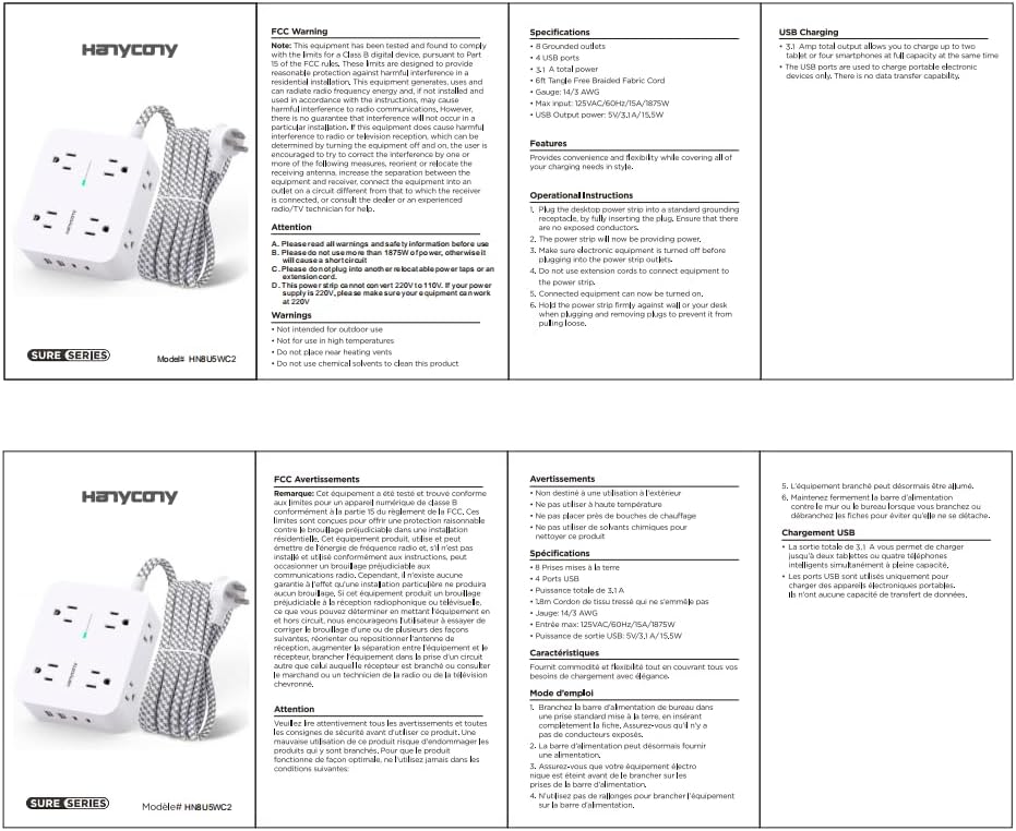 HANYCONY Surge Protector Power Strip – 8 Outlets with 4 USB Ports (2 USB-C), 5Ft Braided Extension Cord, Flat Plug Multi Outlet for Home & Office