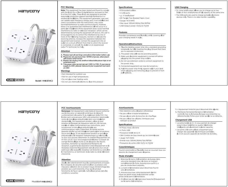 Surge Protector Power Strip - HANYCONY 8 Outlets 4 USB (2 USB C) Charging Ports, Multi Plug Outlet Extender, 5Ft Braided Extension Cord, Flat Plug Wall Mount Desk Charging Station for Home Office ETL