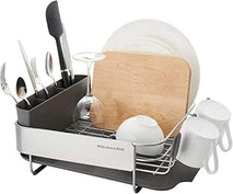 Compact kitchen dish rack with angled drainboard and removable flatware caddy