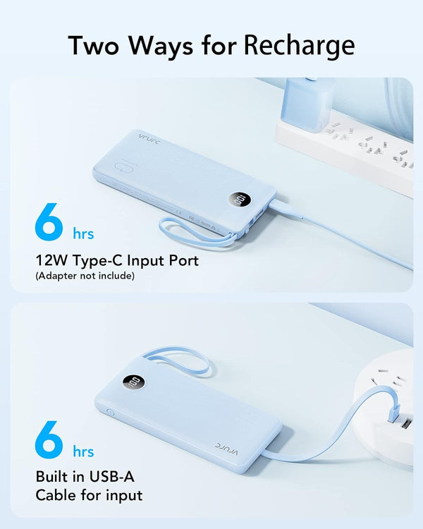 VRURC Portable Charger for iPhone, Built in Cables & Lanyard Power Bank 10000mAh, Compact USB C Charging Bank 5 Outputs for Multi Devices,Travel Essential for Hiking Camping Business Cruise Ship-Blue