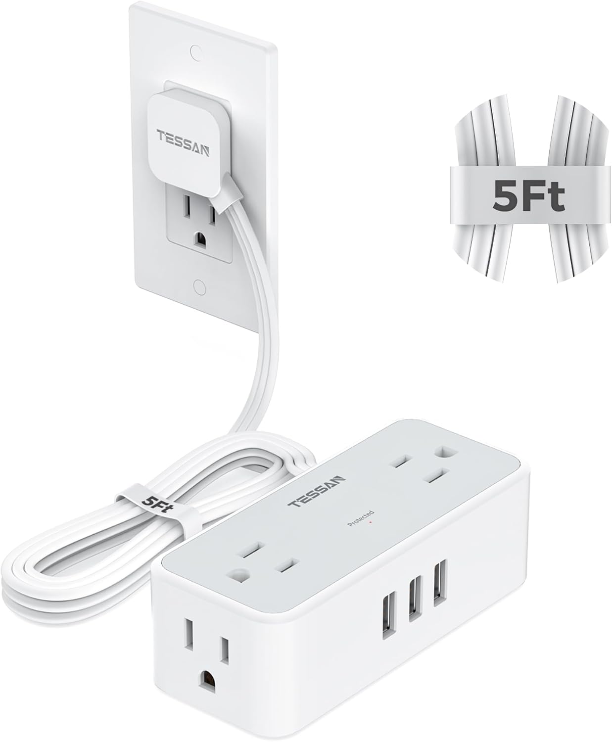 TESSAN Flat Plug Extension Cord 5 FT, Surge Protector Power Strip with 4 AC Outlets 1 USB C and 2 USB A Ports, 900 Joules Protection, Multiple Wall Outlet Extender Suitable for Home Office Dorm