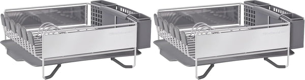 Compact kitchen dish rack with removable flatware caddy and angled drainboard