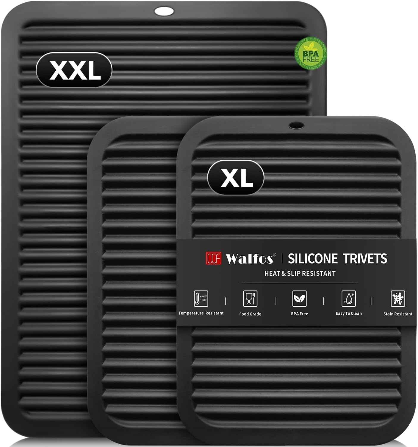 Walfos Silicone Trivet Mats - 4 Heat Resistant Pot Holders, Multipurpose Non-Slip Hot Pads for Kitchen Potholders, Hot Dishers, Jar Opener, Spoon Holder, Food Grade Silicone & BPA Free (Black)