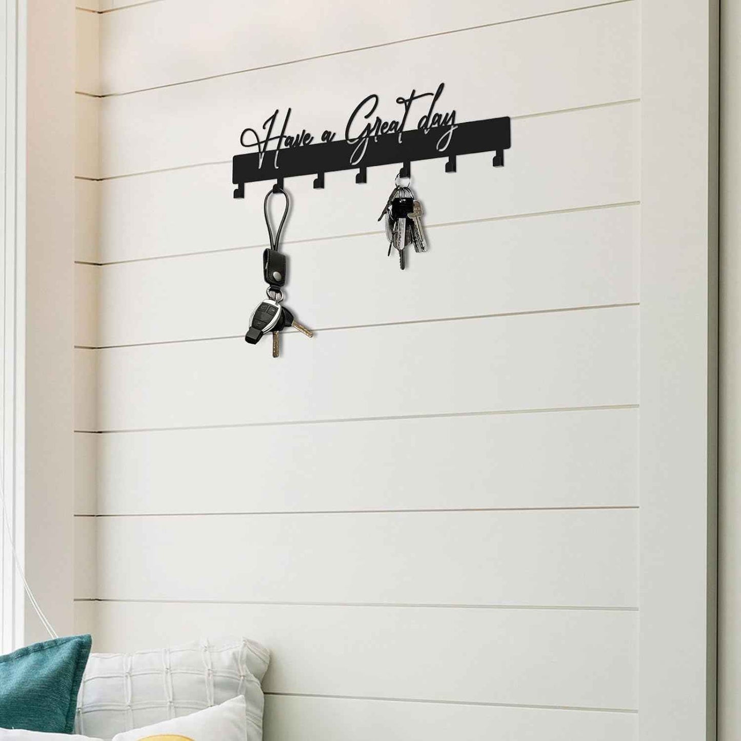 Have a Great Day Key Hooks for Wall Decoration,Delicate Fashion Black Metal Key Holder Wall Mount,Have a Great Day Key Hanger with 7 Kooks for Hallway,Office