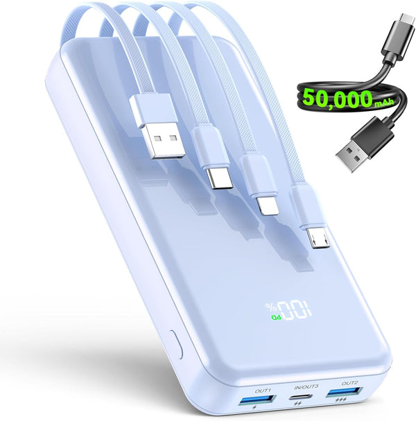 Portable Charger,50000mAh Power Bank Built-in Cable, 22.5W PD USB C In & Out Fast Charging, External Battery Pack with 6 Output & 2 Input, Travel Phone Charger for iPhone 17/16/15/14/13/12(Black)