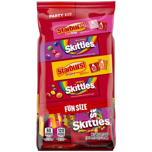skittles original and starburst fun size chewy candy variety bag, party size, 20.13 oz bulk bag