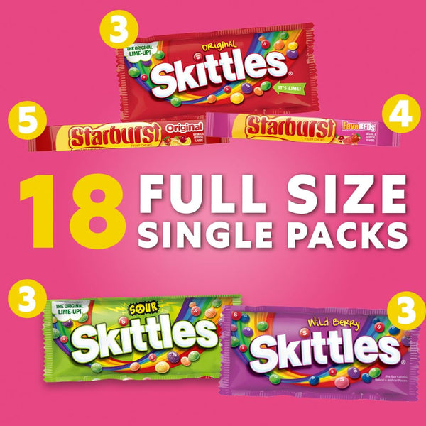 Bulk box of assorted SKITTLES and STARBURST candies, 37.05 oz, 18-count variety mix