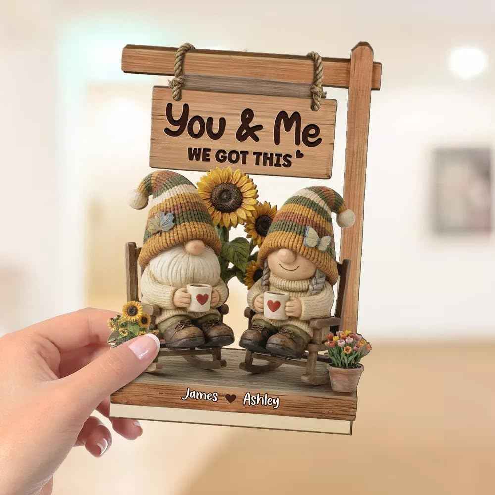 Personalized Gnome Couple Sign, Custom Names Romantic Gnome Love Wooden Table Sign, Cute Couple Home Decor, Anniversary Valentine Gift for Husband Wife