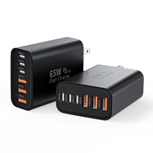 3 Pack 65W GaN Type C Wall Charger Block,6-Port Fast Charging Block,PD USB C Plug Adapter+QC Plug Compatible with Apple iPhone 17/17 Air/16E/16Pro Max/16Plus/16/15/14/13/12/11/XS Max,iPad Pro,AirPods