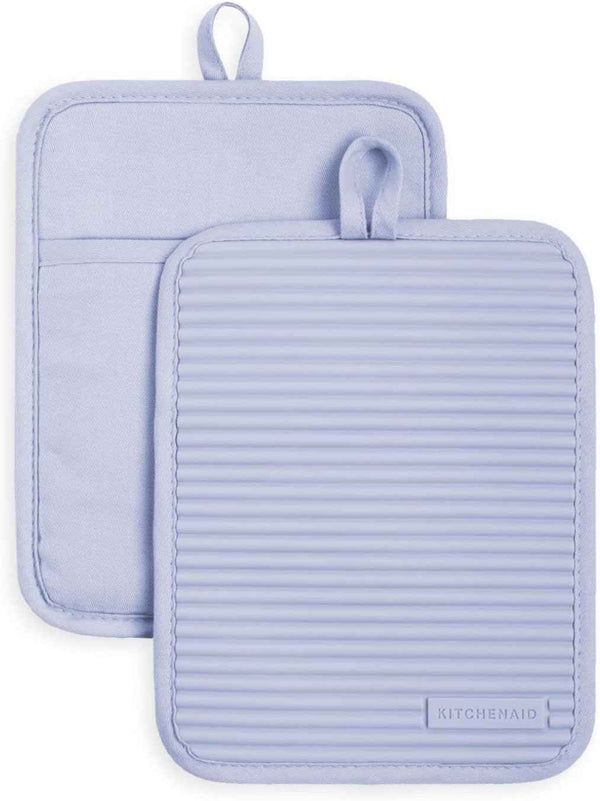 KITCHENAID Ribbed Soft Silicone Pot Holder 2-Pack Set, Matte Black, 7"x9"