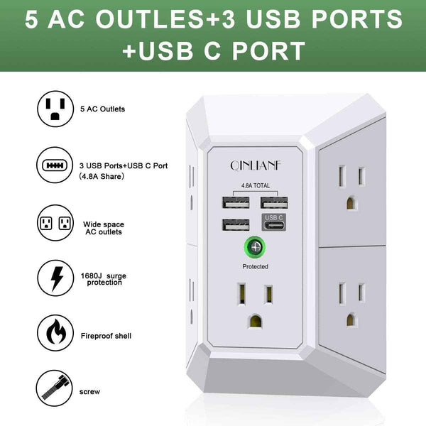 Qinlianf Wall Charger 5 Outlet Extender with 4 USB Charging Ports 3-Sided Power Strip Multi Plug Adapter 3U1C