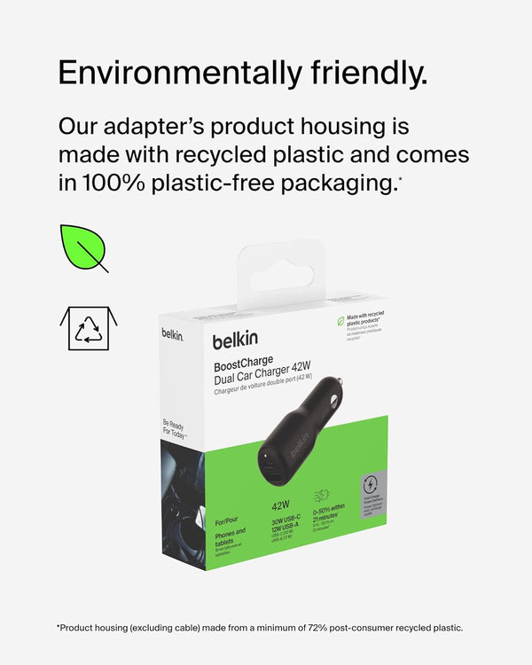 Belkin 42W Dual Port Fast Car Charger with USB-C and USB-A Ports