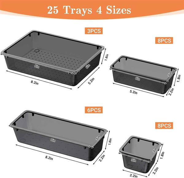25 PCS Plastic Drawer Organizer Set with 4-Size Trays for Makeup, Jewelry, and Gadgets